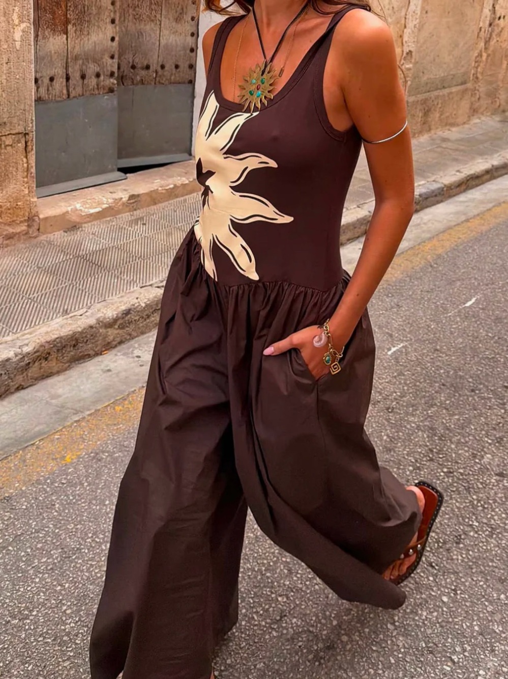 Cream Sun Graphic Brown Wide-Leg Sleeveless Jumpsuit